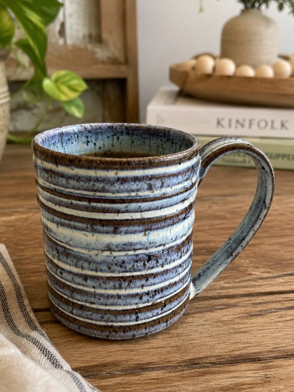 Mirage Studio Pottery Mug Signed Handmade Blue Gray Striped Stoneware Coffee Cup